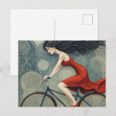 Fahrradlady in einem roten Kleid Postkarte (Vorne/Hinten)