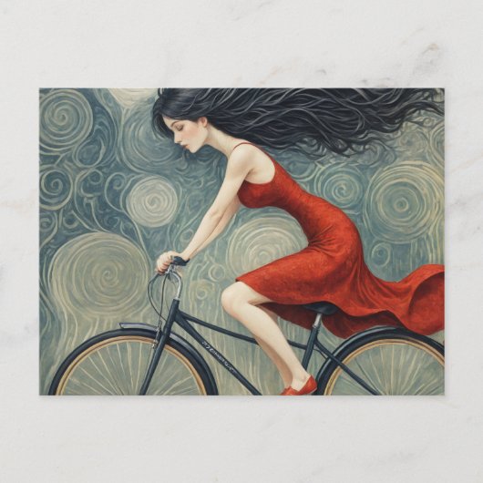 Fahrradlady in einem roten Kleid Postkarte (Vorderseite)