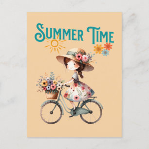 Fahrradmädchen mit Blume Sommer Postkarte