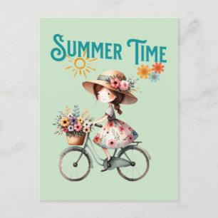 Fahrradmädchen mit Blume Sommer Postkarte