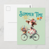 Fahrradmädchen mit Blume Sommer Postkarte (Vorne/Hinten)