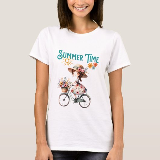 Fahrradmädchen mit Blume Sommer T-Shirt (Vorderseite)