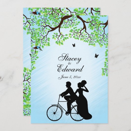 Fahrradthema Hochzeit Einladung Blau (Vorne/Hinten)