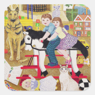 Fahrt-ein-Hahn-Pferd Quadratischer Aufkleber