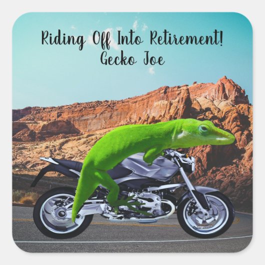 Fahrt in das retirement Custom Gecko Motorrad Quadratischer Aufkleber (Vorderseite)