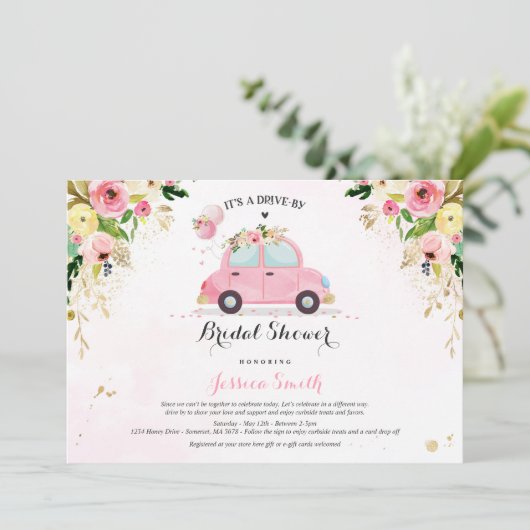 Fahrt mit Bridal Dusche Einladung Rosa Blüte (Stehend Vorderseite)