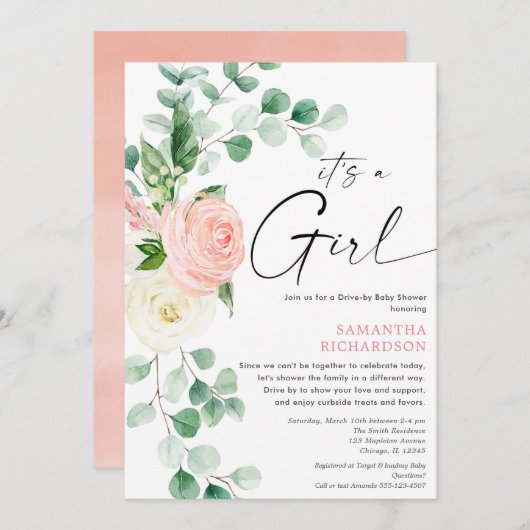 Fahrt mit der Babydusche Feder Blumenrosa Grün Einladung (Vorne/Hinten)