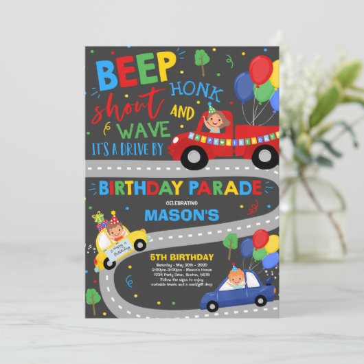 Fahrt mit der Birthday Parade Einladung Blauer Par (Stehend Vorderseite)