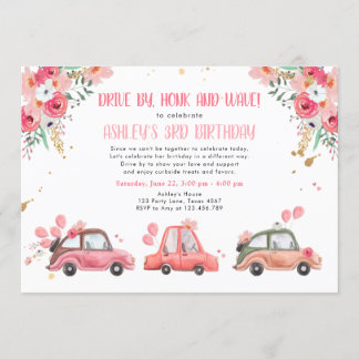 Fahrt mit floralrosa Gold durch Girl Geburtstag Einladung