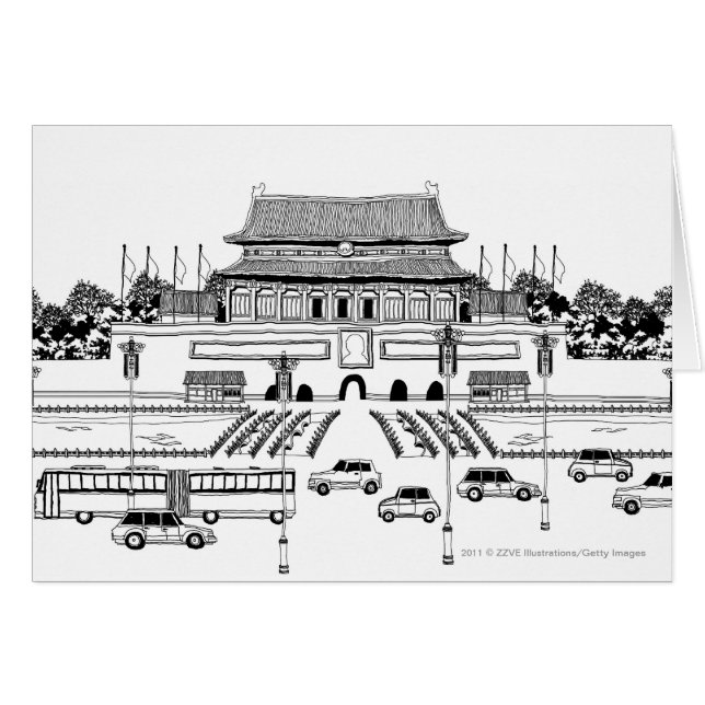 Fahrzeuge auf Straße durch Pagode (Vorderseite (Horizontal))