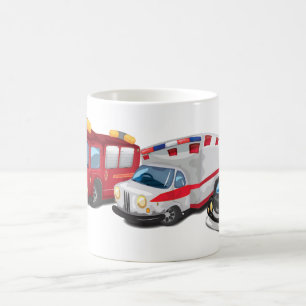 Fahrzeuge der Polizei, des Rettungsdienstes und de Kaffeetasse