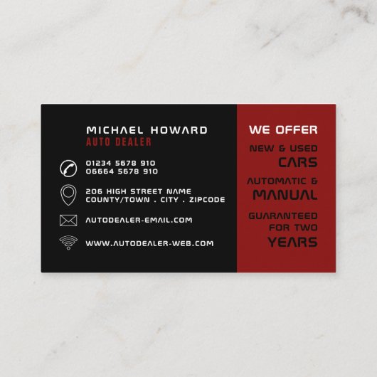 Fahrzeugraddesign, Auto-Händler Visitenkarte (Rückseite)