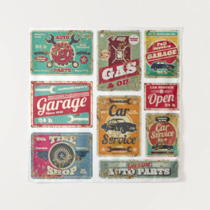 Fahrzeugservice und Tankstelle Vintages Metall Wandteppich