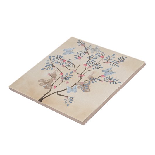 Faible Fantasy Tree Vögel Blume Beige Grunge Rette Fliese (Seite)