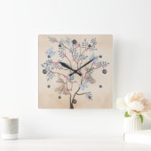 Faible Fantasy Tree Vögel Blume Beige Grunge Rette Quadratische Wanduhr (Zuhause)