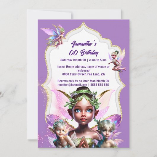 Faible Fantasy whimsical pixie Prinzessin lila Gir Einladung (Vorderseite)