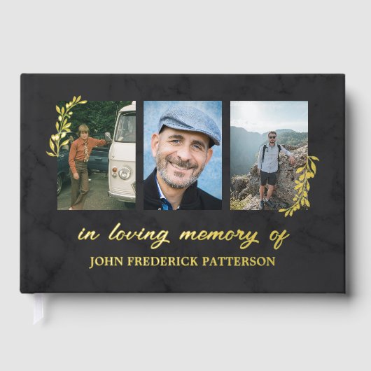 Faint Dark Marbling Gold Twigs 3 Foto Memorial Gästebuch (Vorderseite)