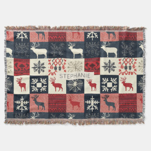 Fair Isle Knitted Patchwork   Holiday Reindeer Decke