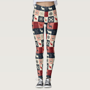 Fair Isle Knitted Patchwork Holiday Reindeer Leggings