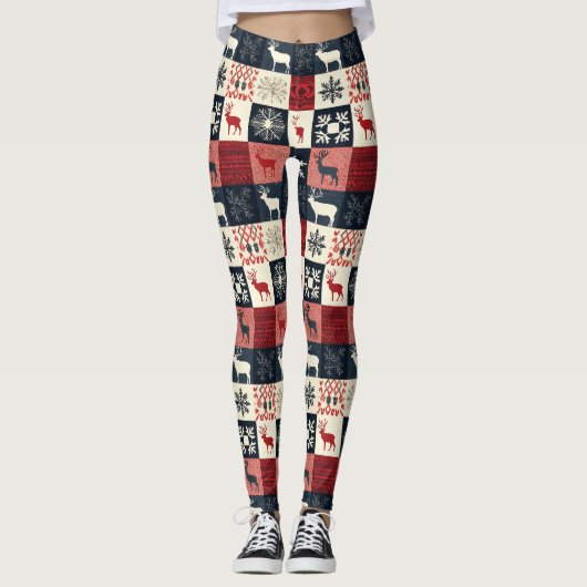 Fair Isle Knitted Patchwork | Holiday Reindeer Leggings (Vorderseite)