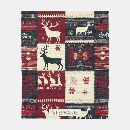 Fair Isle Knitted Patchwork | Rustikaler Rentier Fleecedecke (Vorderseite)
