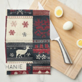 Fair Isle Knitted Patchwork | Rustikaler Rentier Geschirrtuch (Viertel Falte)