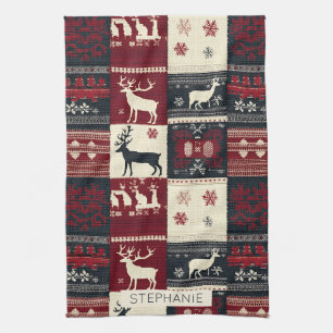 Fair Isle Knitted Patchwork Rustikaler Rentier Geschirrtuch