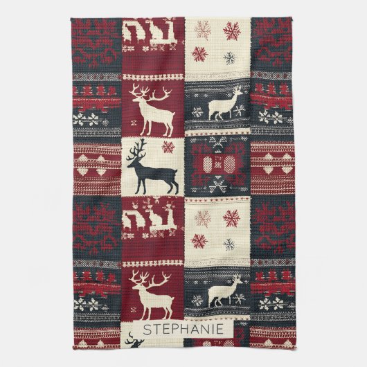 Fair Isle Knitted Patchwork | Rustikaler Rentier Geschirrtuch (Vertikal)