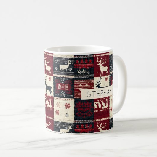 Fair Isle Knitted Patchwork | Rustikaler Rentier Kaffeetasse (VorderseiteRechts)