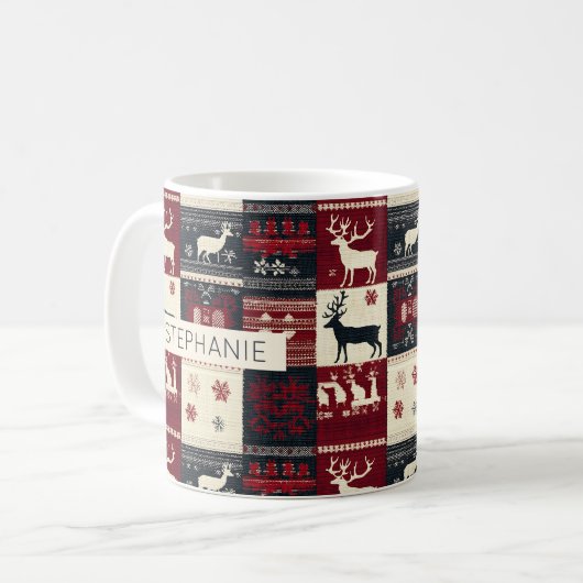 Fair Isle Knitted Patchwork | Rustikaler Rentier Kaffeetasse (Vorderseite Links)