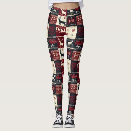 Fair Isle Knitted Patchwork | Rustikaler Rentier Leggings (Vorderseite)