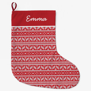 Fair Isle Red Christmas Name Monogram Großer Weihnachtsstrumpf