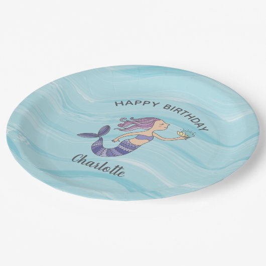 Fair Skin Lila Mermaid Geburtstag Pappteller (Schrägansicht)