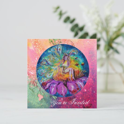 FAIRE IN DEN NACHT Pink-blau-gelben Glitzern Einladung (Stehend Vorderseite)