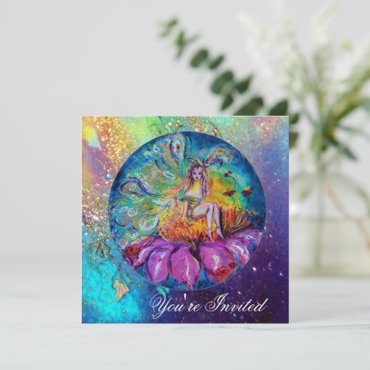 FAIRE IN DER NACHT, pinkfarbenblau-rote Glitzern Einladung (Stehend Vorderseite)