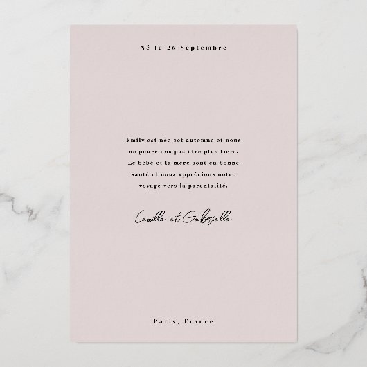 Faire part de naissance fantaisiste en or Rose Folieneinladung (Rückseite)