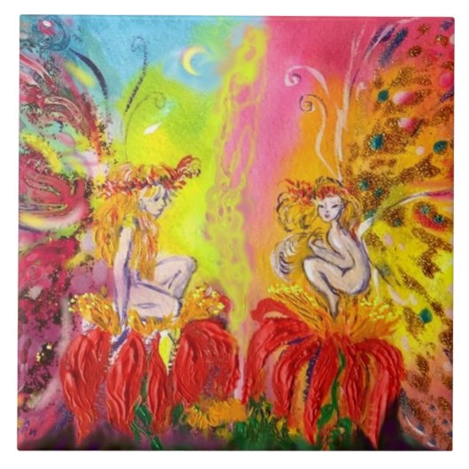 FAIRIEN VON DAWN MIT ROTEN BLUME Fantasy Fliese (Vorderseite)