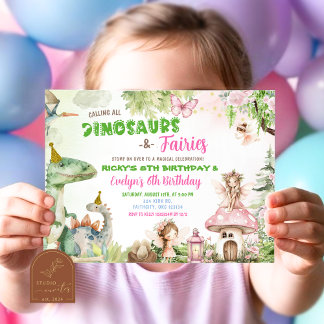Fairies and Dinosaurier Joint Boy and Girl Birthda Einladung