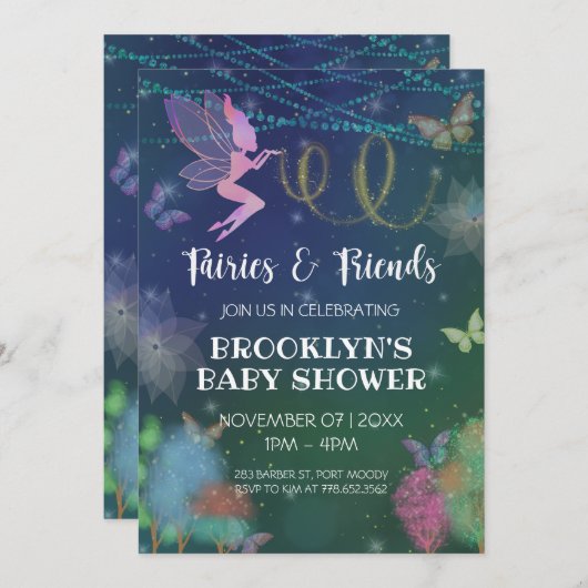 Fairies and Friends Butterfly Glitzer Babydusche Einladung (Vorne/Hinten)