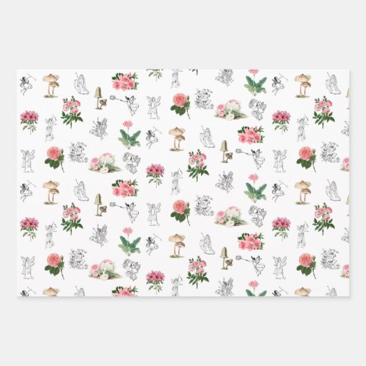 Fairies Pink Floral & Mushroom Faible Muster Geschenkpapier Set (Vorderseite)