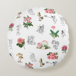 Fairies Pink Floral & Mushroom Faible Muster Rundes Kissen
