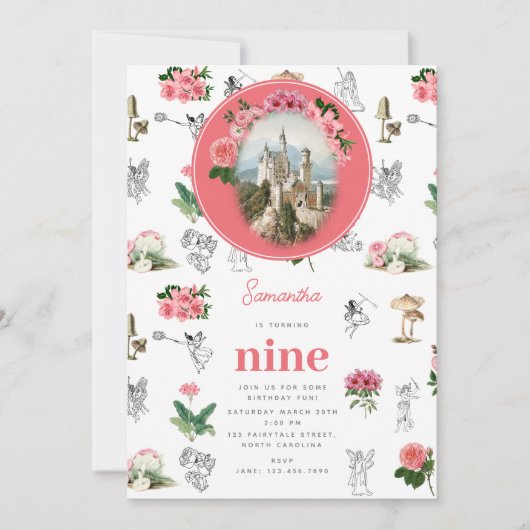 Fairies Pink Floral Mushroom Fairy Castle Birthday Einladung (Vorderseite)