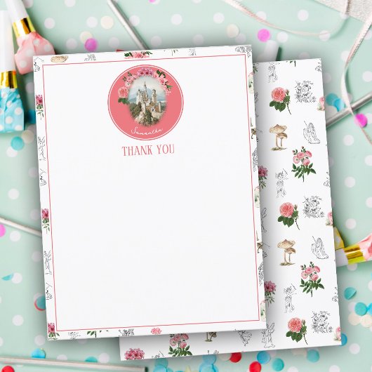 Fairies Pink Floral Mushroom Fairy Castle Monogram Dankeskarte