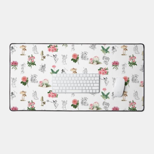 Fairies Pink Floral & Mushroom Fairy Pattern Schreibtischunterlage (Tastatur & Maus)