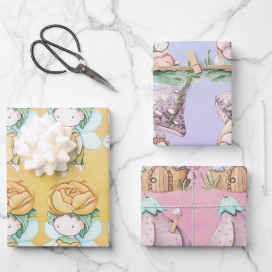 Fairies Pink Lila-Gelb-Umschlagpapier Geschenkpapier Set (Vorderseite)