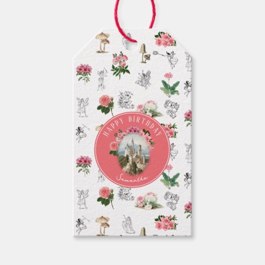 Fairies Rosa Blumenstrauß Pilz-Pilz Fairy Burg Geb Geschenkanhänger (Vorderseite)