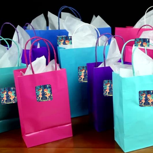 Fairies spielen im verzauberten Wald zum Geburtsta Quadratischer Aufkleber