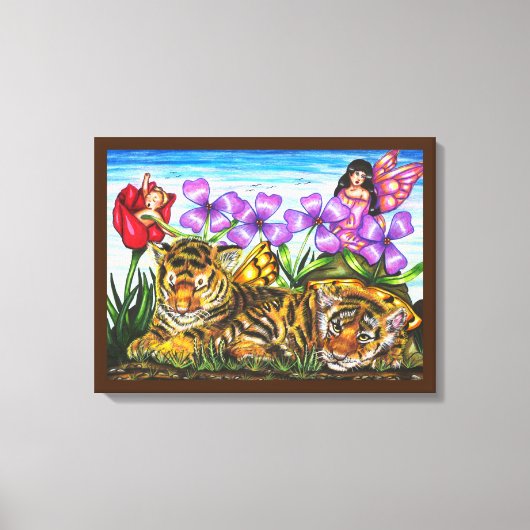 Fairies und Baby Feentigers Fantasy Original Art Leinwanddruck (Vorderseite)