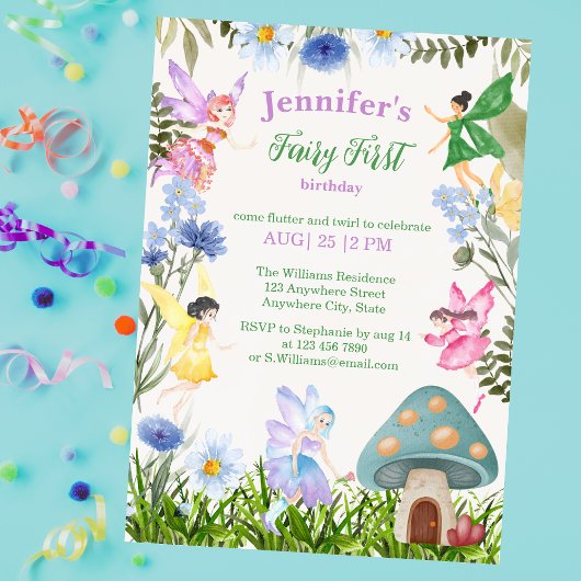 Fairies und Blume Girl's Fairy Erster Geburtstag Einladung