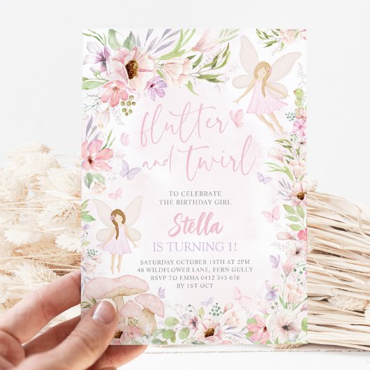 Fairy 1. Geburtstag Einladung Flutter & Twirl Pink